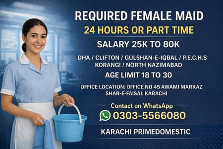 Required Female House Maid 24/ or part time