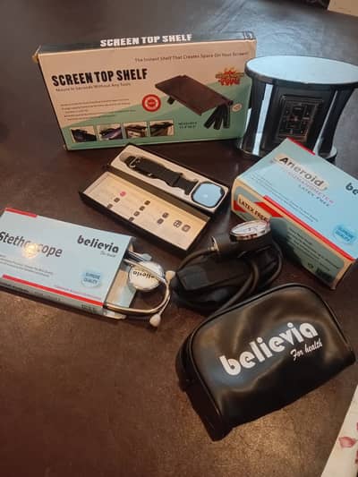 Smart watch, Aneroid Sphygmomanometer,  Stethoscope, shelve, clock