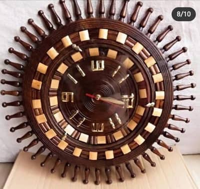 Handcrafted Wooden Sunburst Wall Clock with Brass Accents