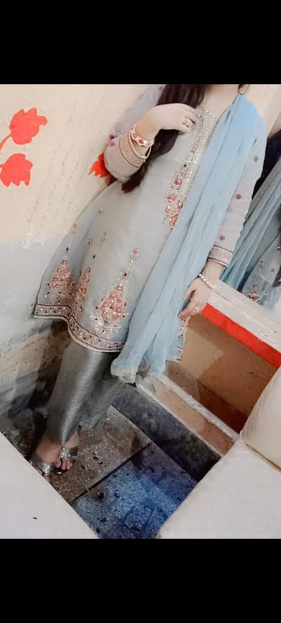 Grey & pink Embroidered Pakistani dress lightly used.