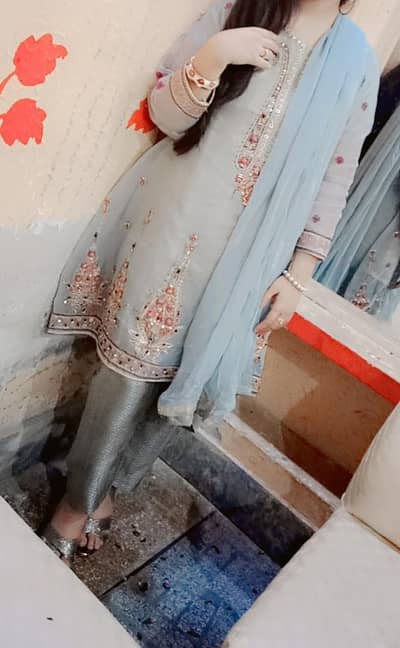 Grey & pink Embroidered Pakistani dress lightly used.