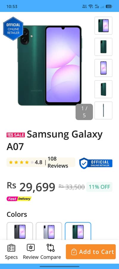 Samsung A07 4+4 128 GB Full Box G99  11 Month Warranty Green Color