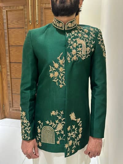 Emerald Green Prince Coat With Raw Silk Suit & Customized Shoes