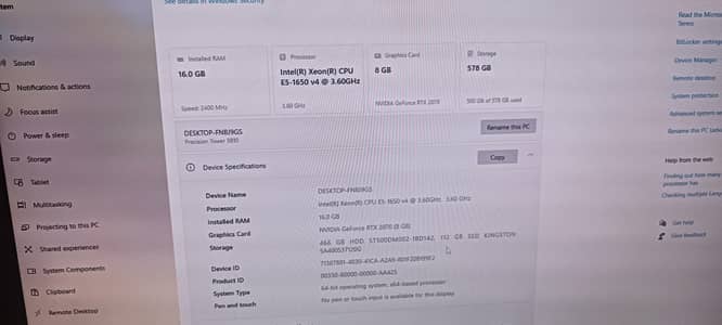 workstation INTEL XEON CPU E5-1650 v4 @3.60 GHZ GeForce GTX 2070 8GB