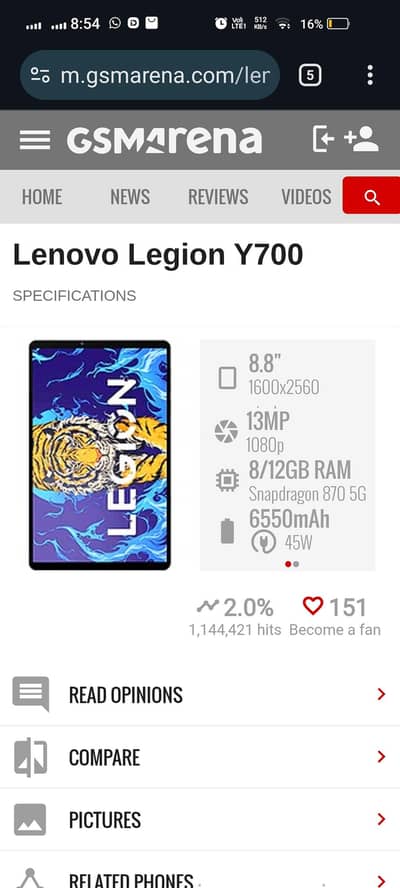 Lenovo Tablet Legion Y700 120 FPS with Memo Cx08 Cooling Fan