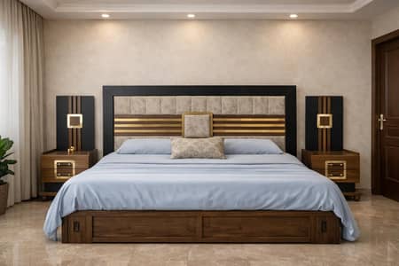 King size bed with cupboard and bedside table.