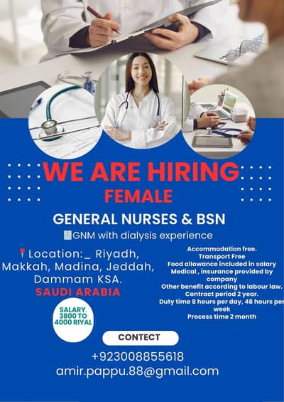 Female medical jobs . Soudi Arabia