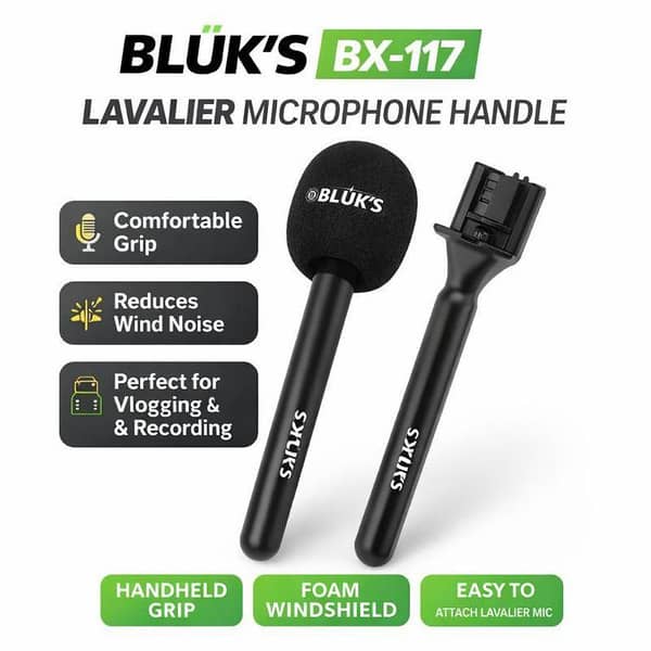 BLUK’S BX-117 Lavalier Microphone Handle | Handheld Grip with Foam Windshield | Best for Vlogging, YouTube, Interviews, Reels, Podcast & Mobile Recording