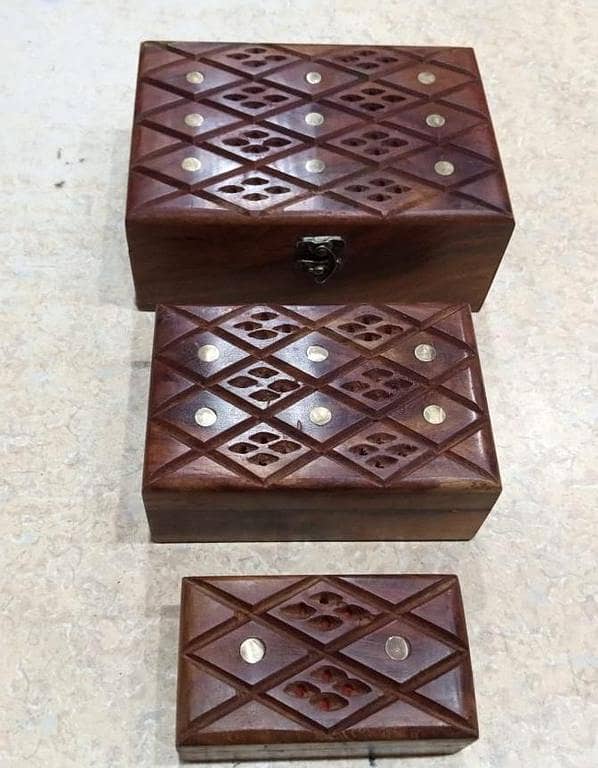 Set of 3 Wooden Jewelry and Makeup Boxes with Hinged Lids, Brass Coated Home Decor