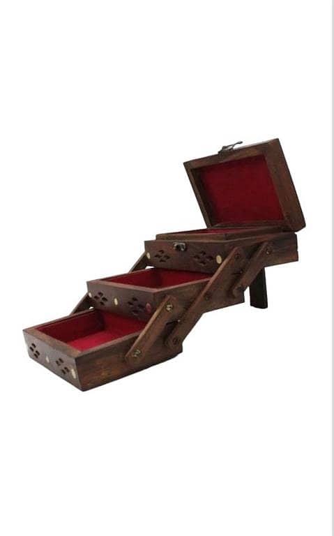 Handmade Multi-Layer Wooden Jewelry and Makeup Box with Brass Beans, 6x4 inches