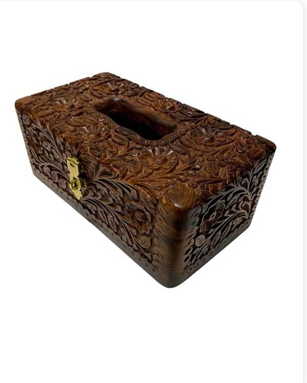 Handmade Wooden Tissue Box with Carving - Antique Tissue Holder