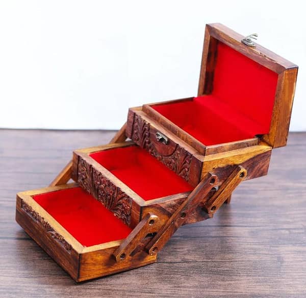 Trolly Box - Hand-Carved Wooden Jewellery Organizer with 3 Storage Steps (Brown)