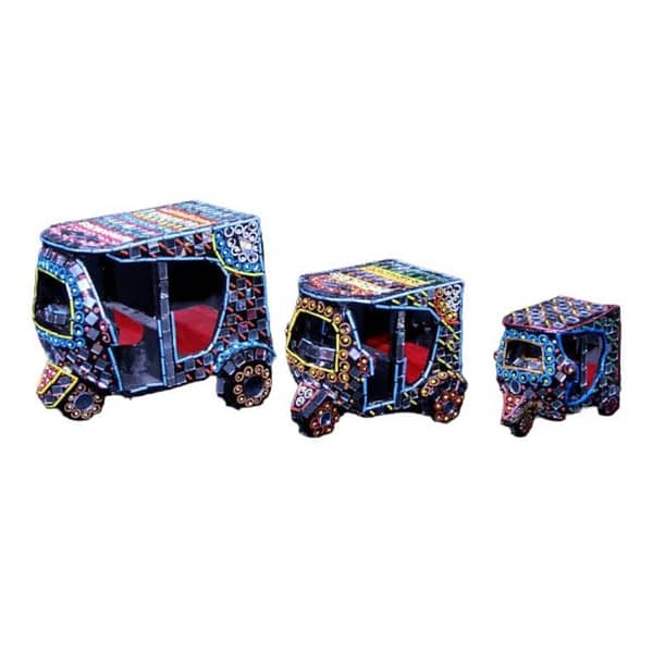 Handmade Wooden Riksha Set for Home Decoration with Mirror Pieces