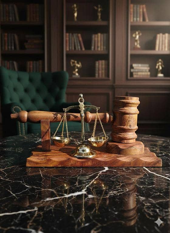 Wooden Gavel with Brass Scale – Judge Hammer and Law Desk Set