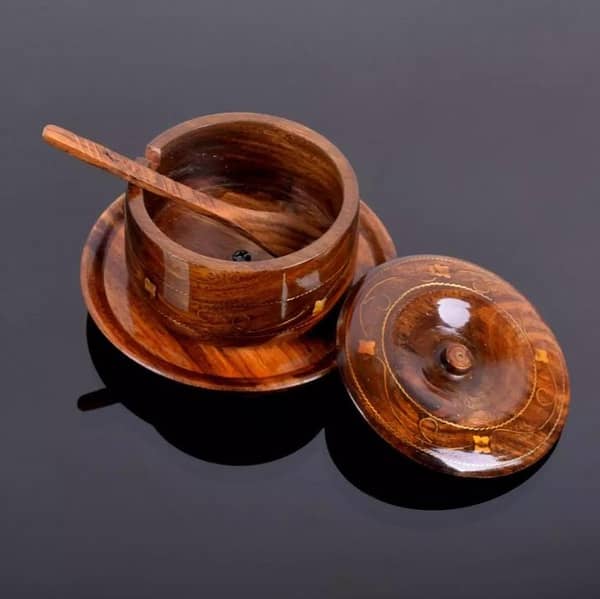 Brass Inlay Sugar Pot and Wooden Sugar and Pepper Pot