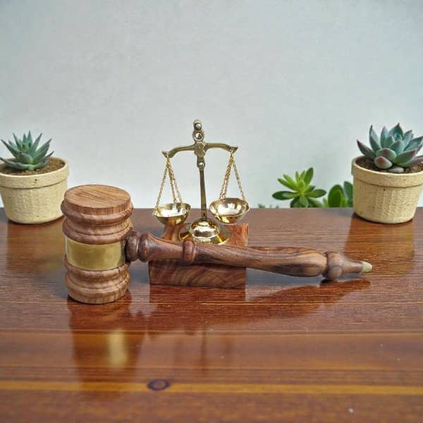 Brass Work Wooden Gavel and Brass Scale – Handcrafted Desk Set for Court and Office