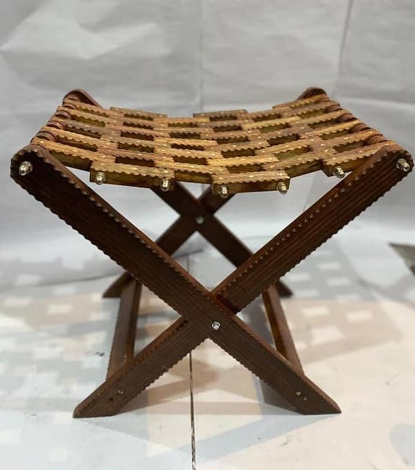 Wooden Folding Stool with Brass Inlay for Rooms and Drawing Rooms