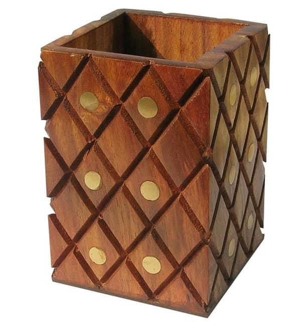 Handmade Wooden Jar for Pens and Make-up, Dark Sheesham Wood