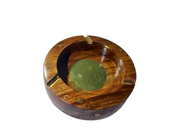 Wooden Round Ashtray with Brass Inlay by No Brand