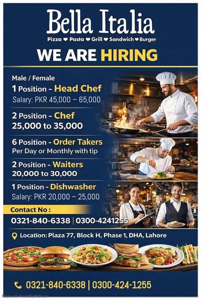 Restaurant Hiring | Chefs | Dishwasher | Waiters | Order Takers