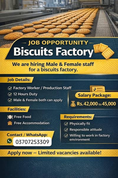 Biscuits factory Male and female staff required