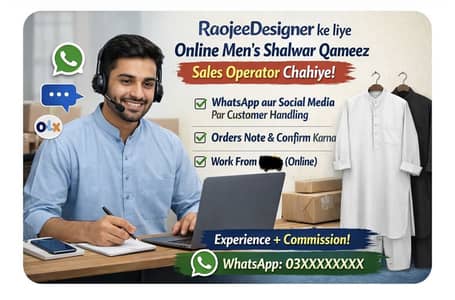 Online Men’s Shalwar Qameez Sales online Operator chahiye