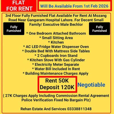 3rd Floor Fully Furnished Flat For Rent Near Gangaram Hospital LHR