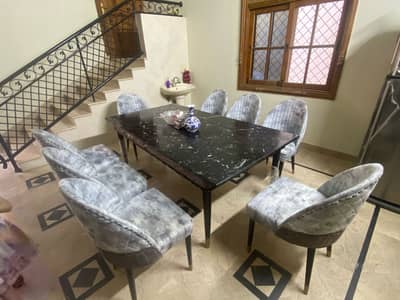 Marble Top Dining Table with 8 Sofa Chairs
