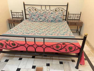IRON BED WITH SIDE TABLES AND MIRROR