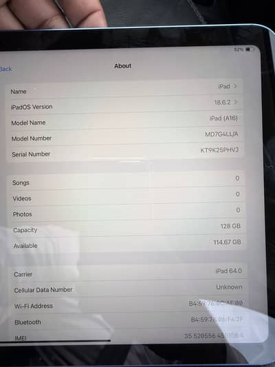 iPad (a16) cellular 128gb with charging cable.