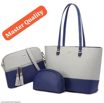 STYLISH GIRLS HAND BAG 3 IN 1  REXINE QITH PLANE PATTERN