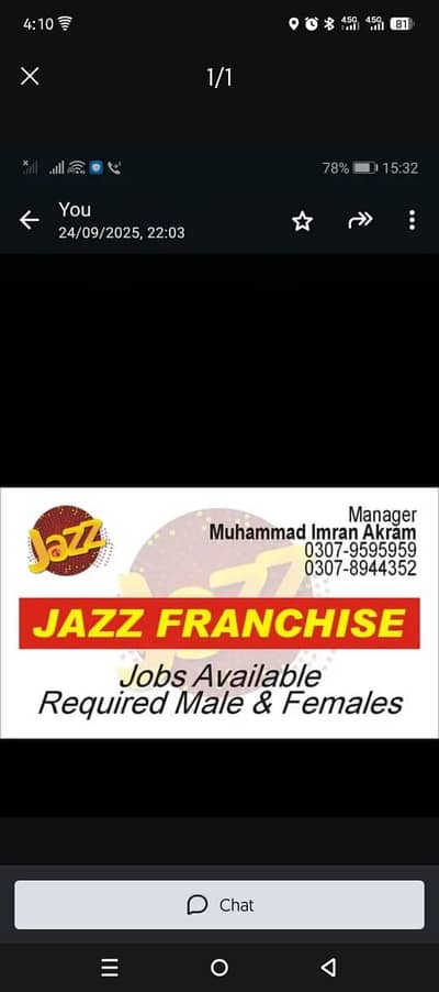 Jazz Franchise per job k leay larko or larkio ki zarorat hai