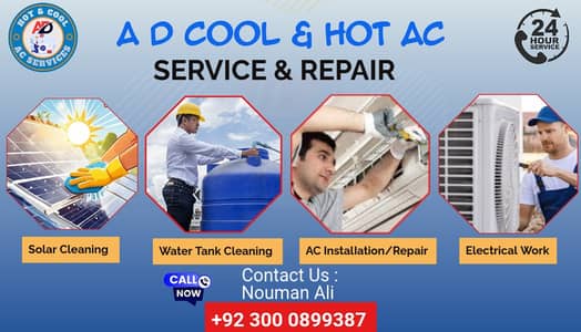 solar panel cleaning, AC installation, water tank cleaning, AC repair