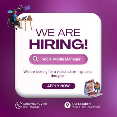 Hiring social media manager graphic designer + video editor