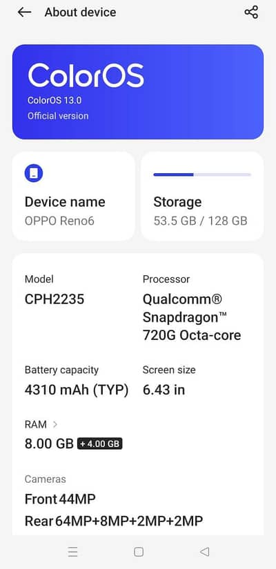 oppo reno 6 (Ram 8+4 ) memory 128