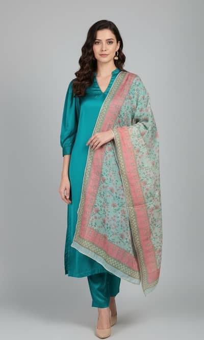 3 pcs Silk plain dress with printed dupatta