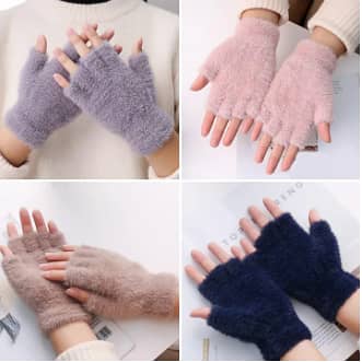Half Finger Gloves for Girls, Plush Fingerless Gloves in Multicolor