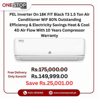 PEL Inverter On 18K FIT Black T3 1.5 Ton Air Conditioner WiF 80% Out