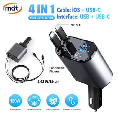 New 4 In 1 Multi Functional Car Charger Fast Charging - Android+iPhone