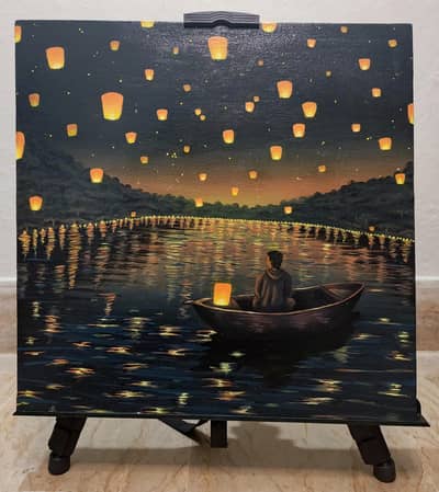 Hand-Painted Acrylic Artwork – Floating Lanterns, 17×17 Canvas