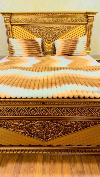 Luxury Golden Color Bed Set with Mattress, Side Tables, Dressing Table