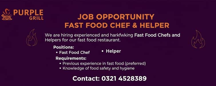 Fast Food Chef & Helper || Restaurant Staff || Male Jobs