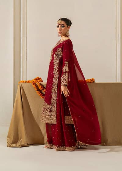 Brand New Maroon Chiffon Embroidered 3-Piece Suit