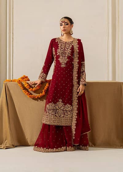 Brand New Maroon Chiffon Embroidered 3-Piece Suit