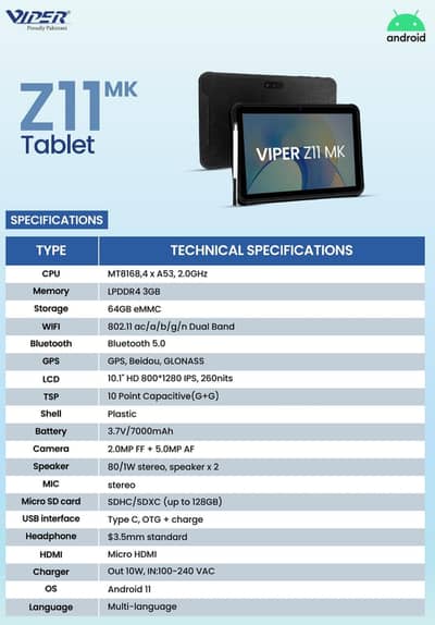 Viper Android Tablet Z11 MK Android Version 11 3GB 64GB