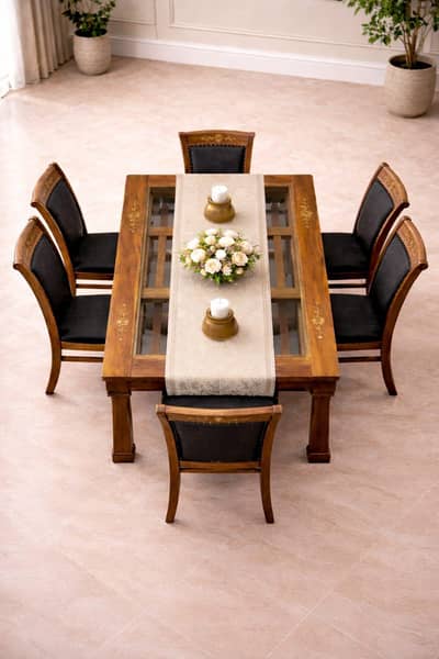Luxury Wooden Dining Table Set – 6 Chairs | Glass Top | Classic Design