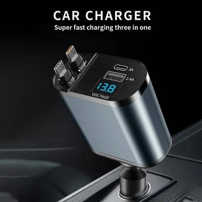 120W Fast Car Charger with Retractable USB Cable