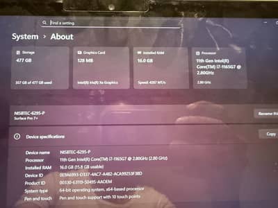 Microsoft Surface Pro 7 plus core i7 11 Gen 16 GB, 512 GB SSD