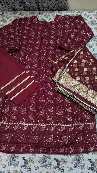 Maroon three piece Wedding wear and Black Long frock Chiffon