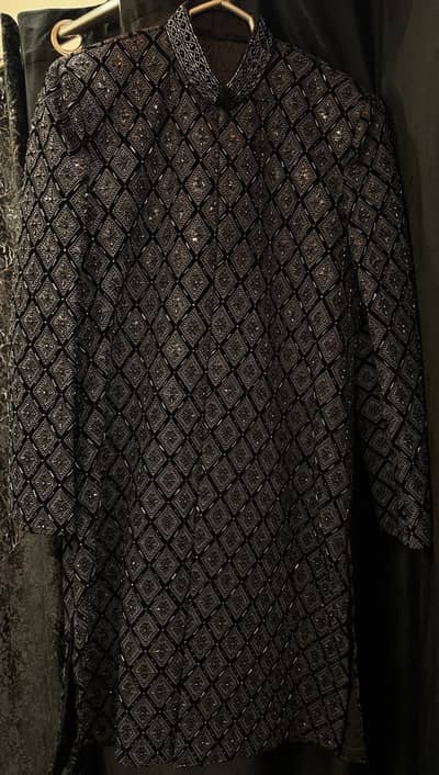 Luxury Black Embroidered Sherwani with Turban for Wedding